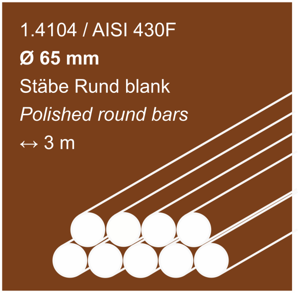 Edelstahlstäbe aus 1.4104 (430F), 65 mm Durchmesser, 3000 mm lang, auf sandfarbigem Hintergrund abgebildet